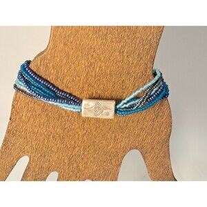 Peyote Bird Floral Silver & Multi-Strand Blue Tones Beaded 7" Bracelet NWT